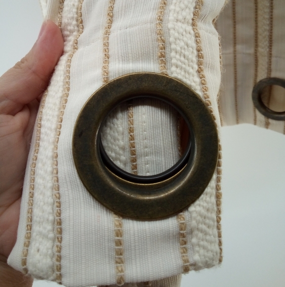 Pier 1 Imports Cream Gold Striped Embroidered Cotton Blend Brass Curtains - Picture 6 of 7